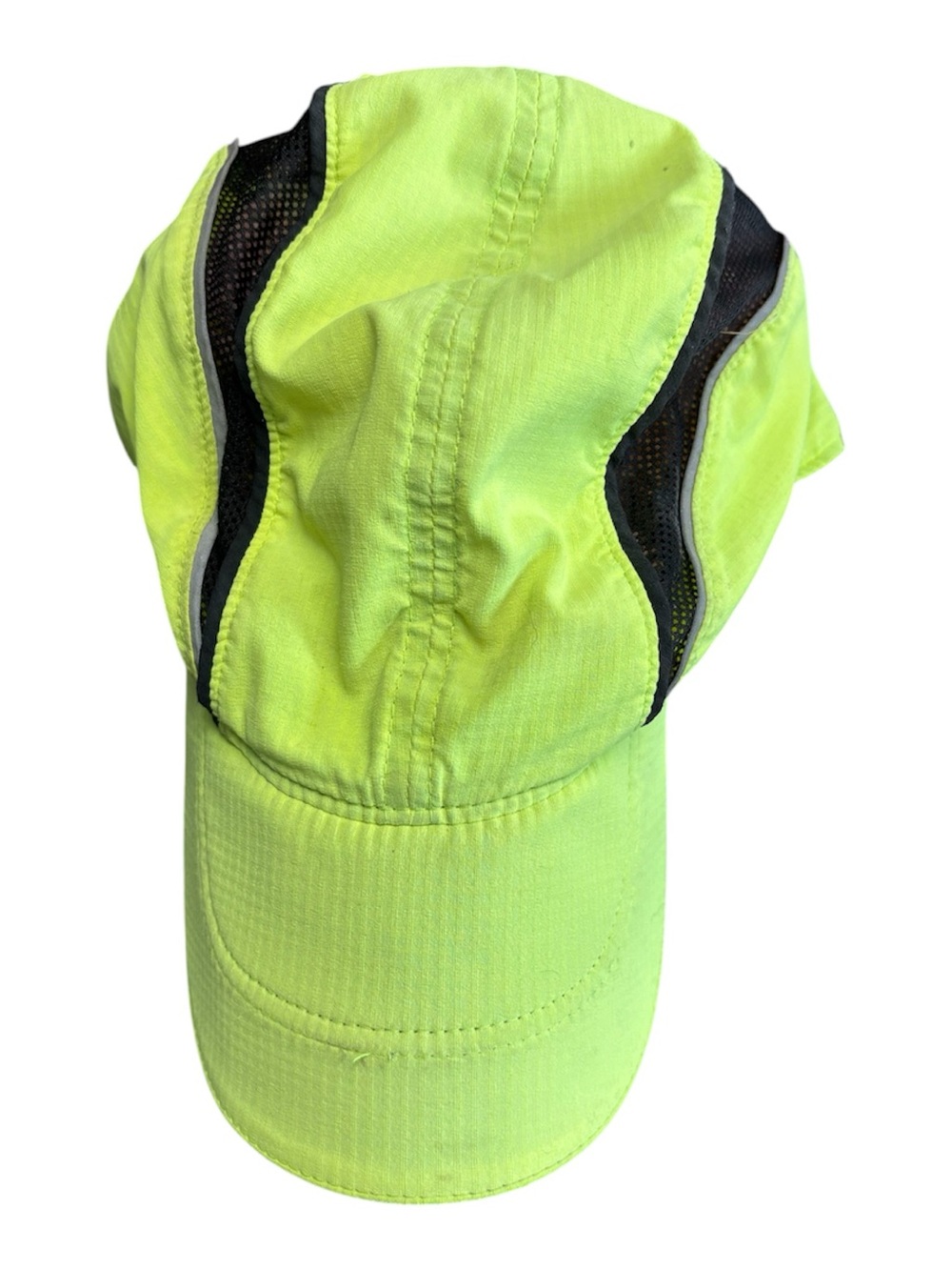 Men's Brooks running cap in neon green with reflective panels.